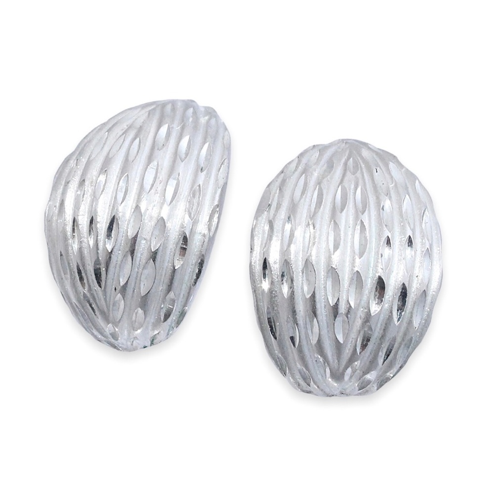 Vintage Sterling Silver Domed Half Hoop Stud Earrings Corrugated Diamond Cut